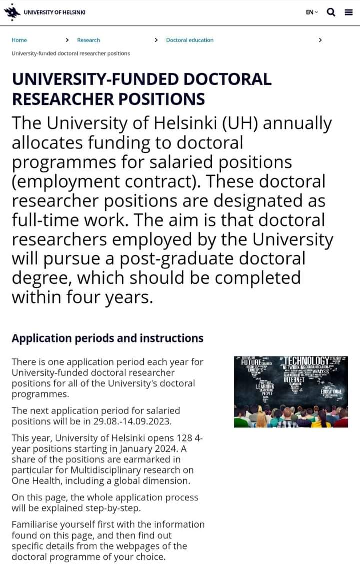 University of Helsinki Announces Funded Doctoral Researcher Positions: Apply from 29 August to 14 September 2023