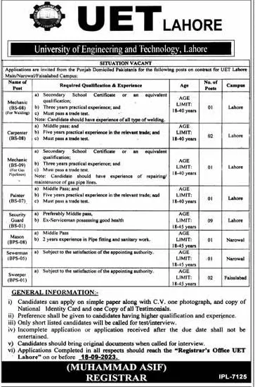 Exciting Employment Opportunities Emerge at the University of Engineering and Technology Lahore