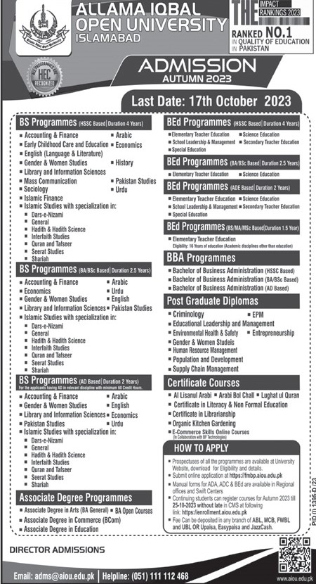 Allama Iqbal Open University Islamabad Announces Admissions for Autumn Semester