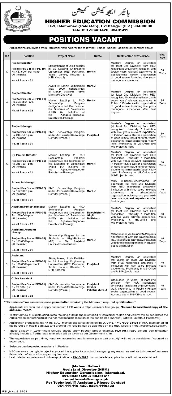 Vacancies announced in Higher Education Commission (HEC) across Pakistan In October 2023
