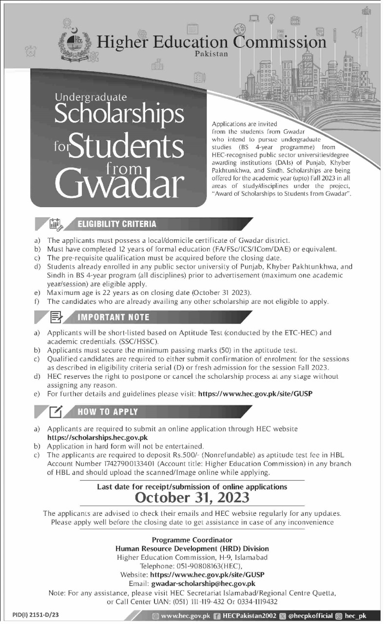 Higher Education Commission Announces Undergraduate Scholarships For Students From Gwadar