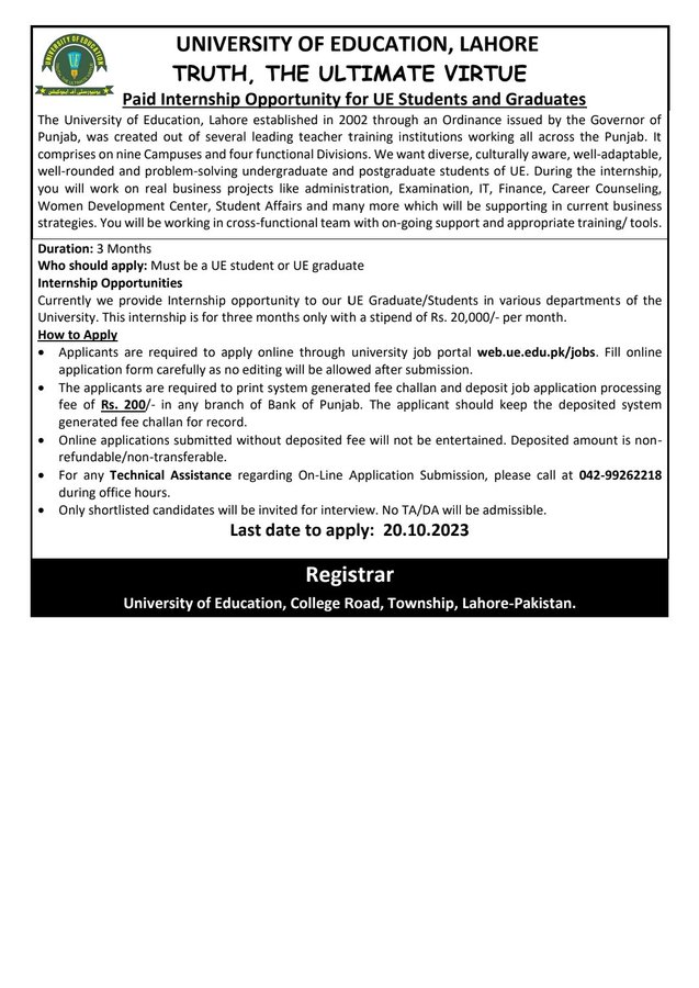The opportunity of a Paid Internship at the University of Education, Lahore