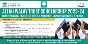 University Of Agriculture Faisalabad Announces Allah Walay Trust Scholarship 2023-24