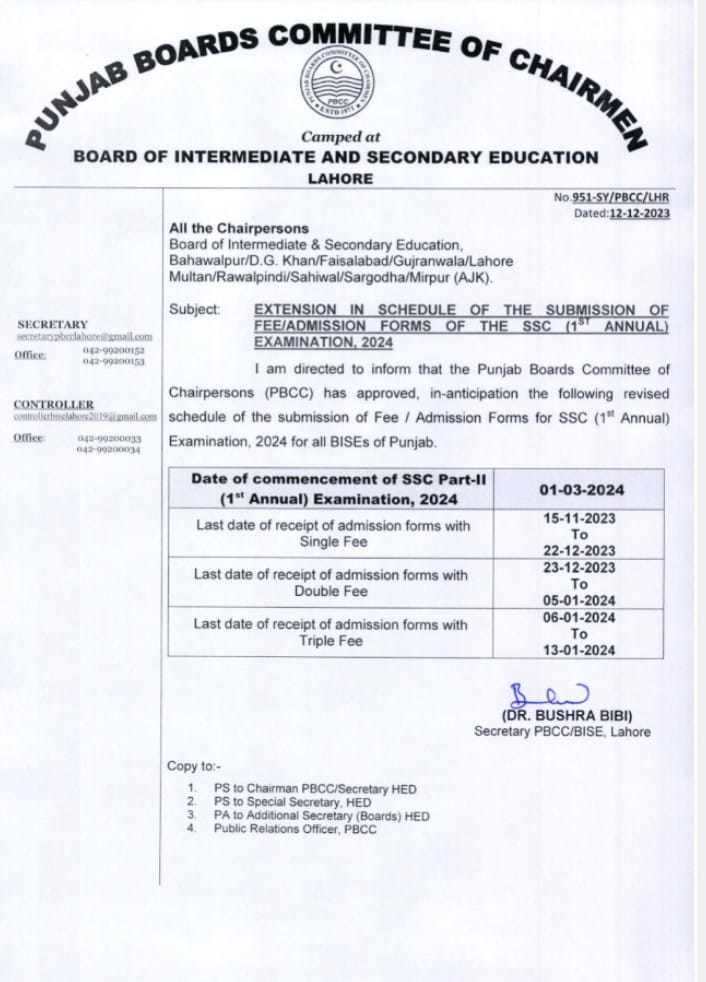 Punjab Announces Revised Date for Admission Form Submission and Schedule of Matric Exams 2024