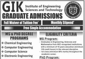 GIKI Announces Scholarships and Assistantships for MS and Ph.D.