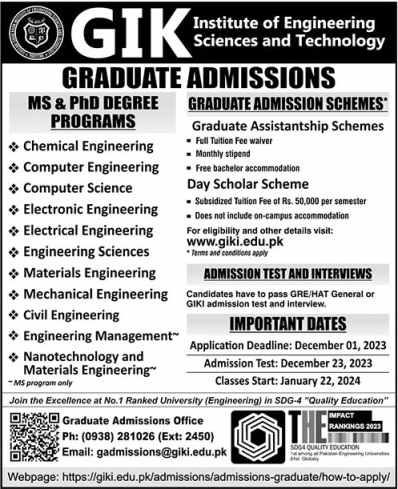 GIKI Announces Scholarships and Assistantships for MS and Ph.D.