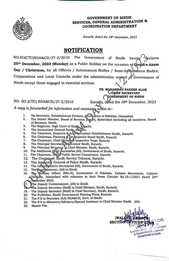 Sindh Announces Public Holiday on 25th December