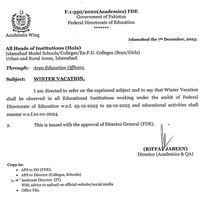 Islamabad Schools Winter Vacations 2023 Announces by the Federal Government