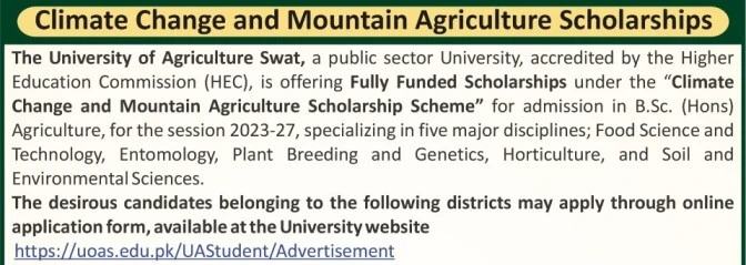 Swat Agriculture University Announces Undergraduate Scholarships For Bsc Agriculture