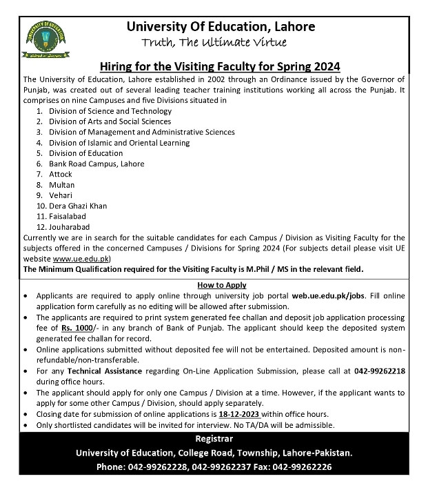 University Of Education Jobs 2023 Online Apply Ue.Edu.Pk/Careers.Php