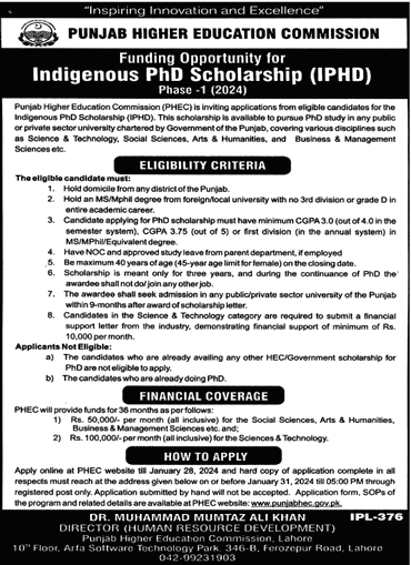 Punjab HEC Indigenous PhD Scholarship Announced by Punjab Government