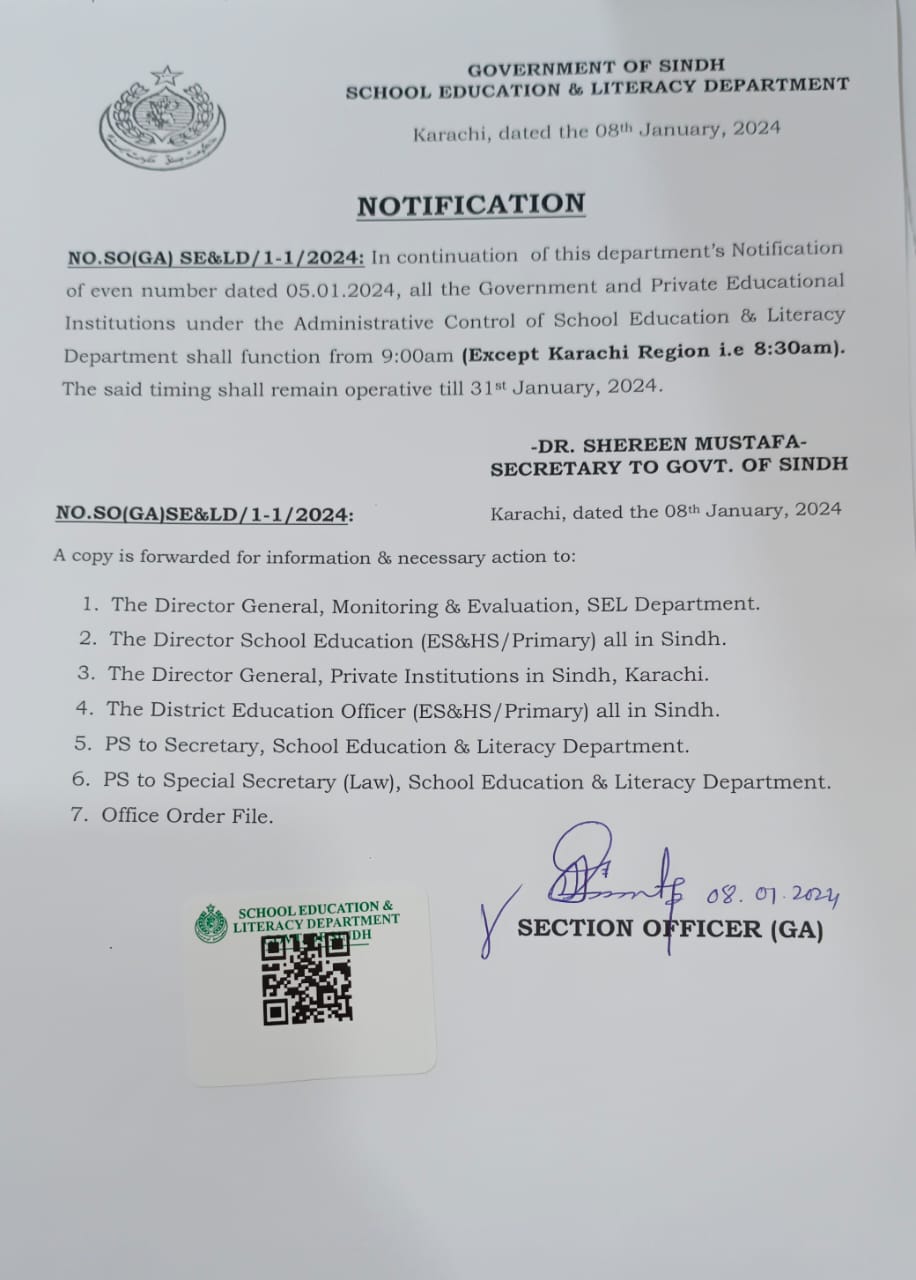 Latest Notification of Revised Winter School Timings in Sindh Issued