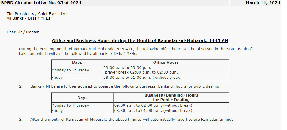 SBP Bank Timings Updated for Ramadan 2024